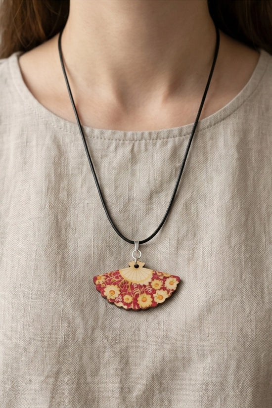 Vintage Burgundy & Gold Floral Hand-Fan Pendant Necklace