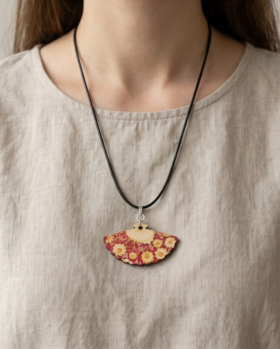 Vintage Burgundy & Gold Floral Hand-Fan Pendant Necklace