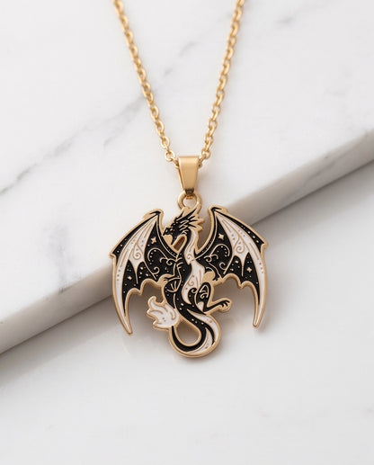 Gold Celestial Dragon Black & White Enamel Pendant Necklace