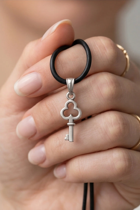 The Secret Keeper: Minimalist Silver Clover Key Pendant Necklace