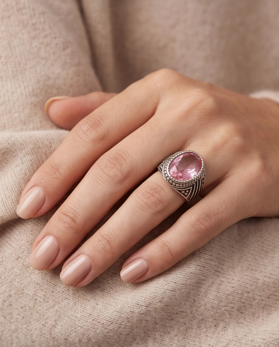 Rose Gemstone Beaded Scale Silver Ring