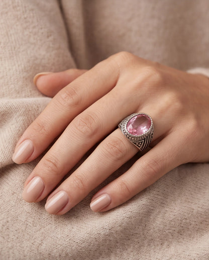Rose Gemstone Beaded Scale Silver Ring