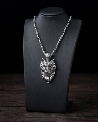 Silver Sculpted Wolf Head Pendant Necklace