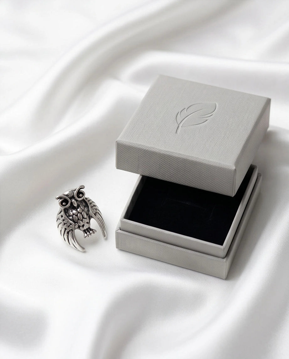 Oxidized Silver Sculpted Owl Statement Ring