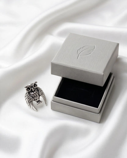 Oxidized Silver Sculpted Owl Statement Ring