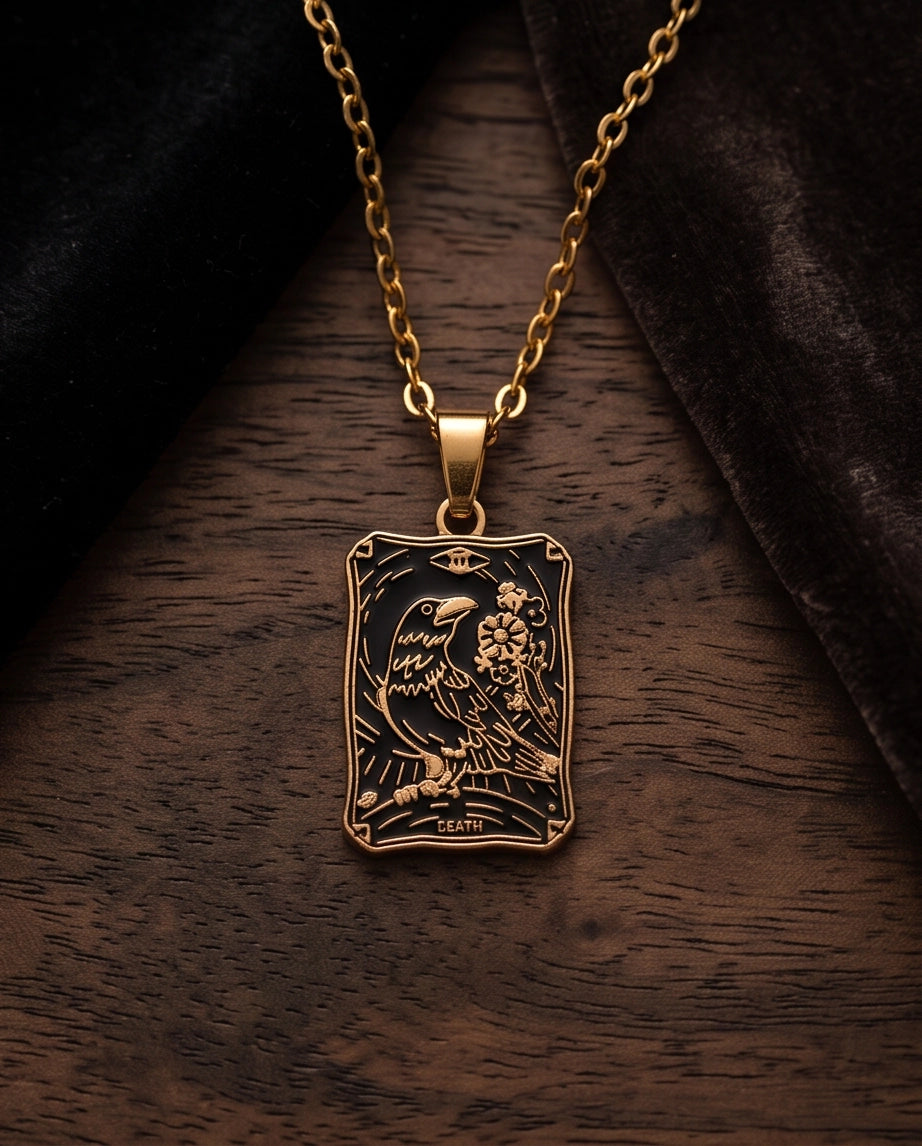 Gold "Death" Raven Tarot Card Pendant Necklace