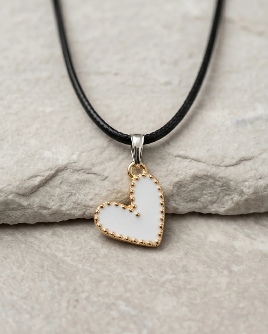 Gold and White Beaded Heart Necklace