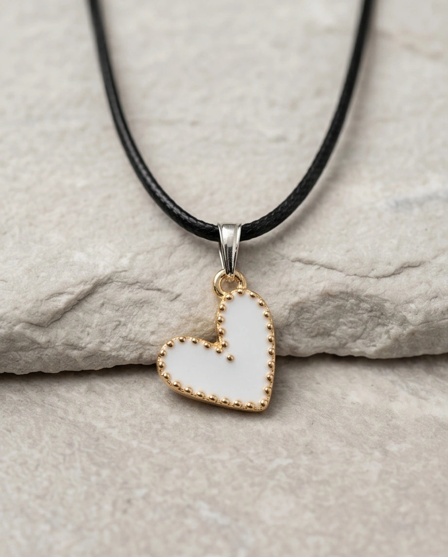Gold and White Beaded Heart Necklace