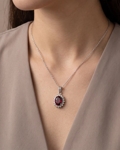 Silver Ruby Red Oval Halo Medallion Pendant Necklace
