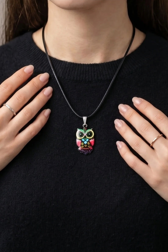 Artistic Multi-Color Mosaic Owl Totem Pendant Necklace
