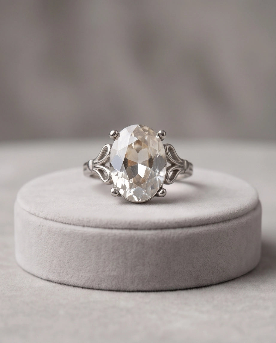 Silver Oval Clear Quartz Vintage Solitaire Ring