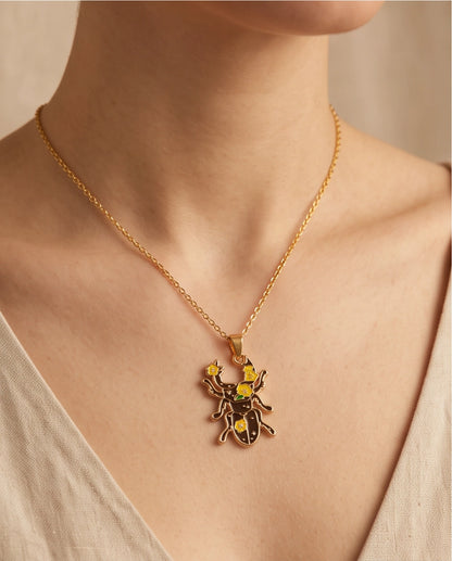 Gold Floral Stag Beetle Enamel Chain Necklace