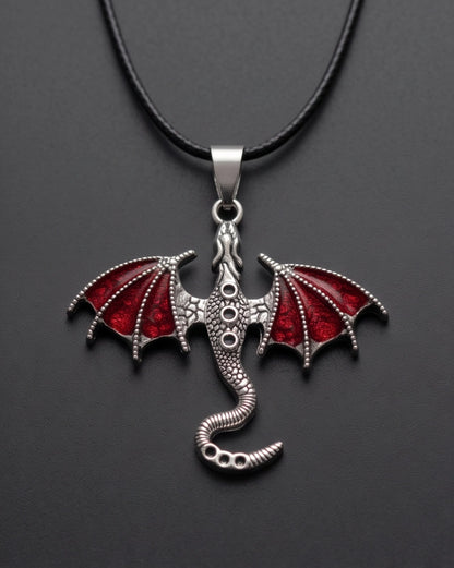 Silver Red Enamel Dragon Wyvern Pendant Necklace