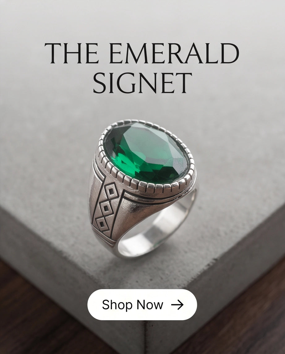 Emerald Gemstone Notched Bezel Geometric Diamond Silver Ring