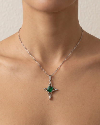 Silver Emerald Gemstone Gothic Cross Pendant Necklace