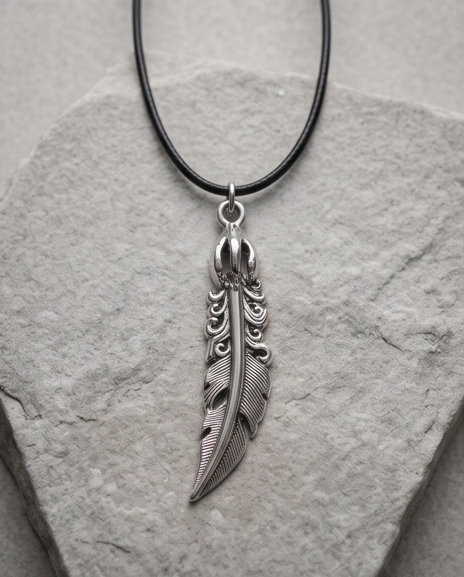 Silver Tribal Feather Cord Necklace