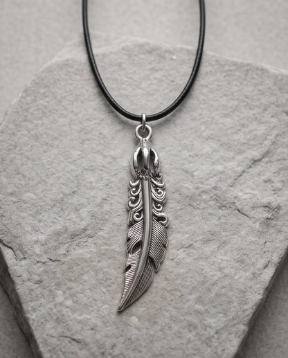 Silver Tribal Feather Cord Necklace
