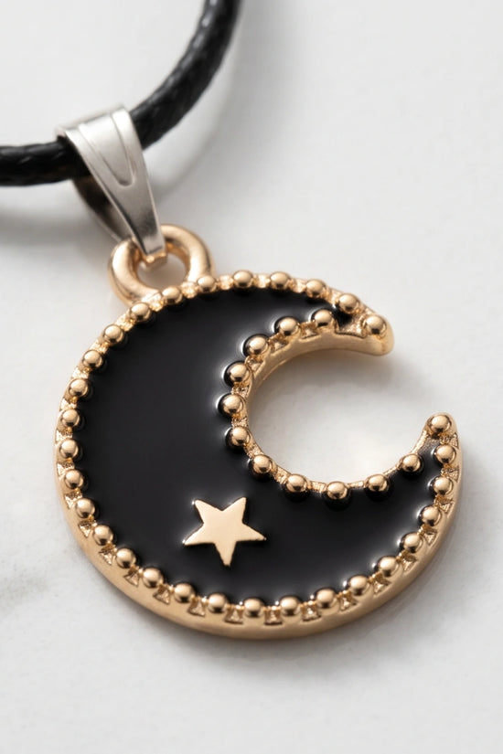 Gold Beaded Crescent Moon and Star Necklace