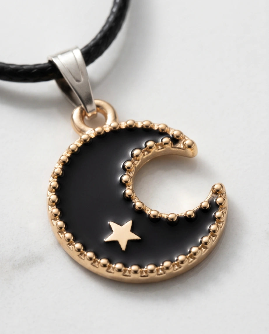 Gold Beaded Crescent Moon and Star Necklace