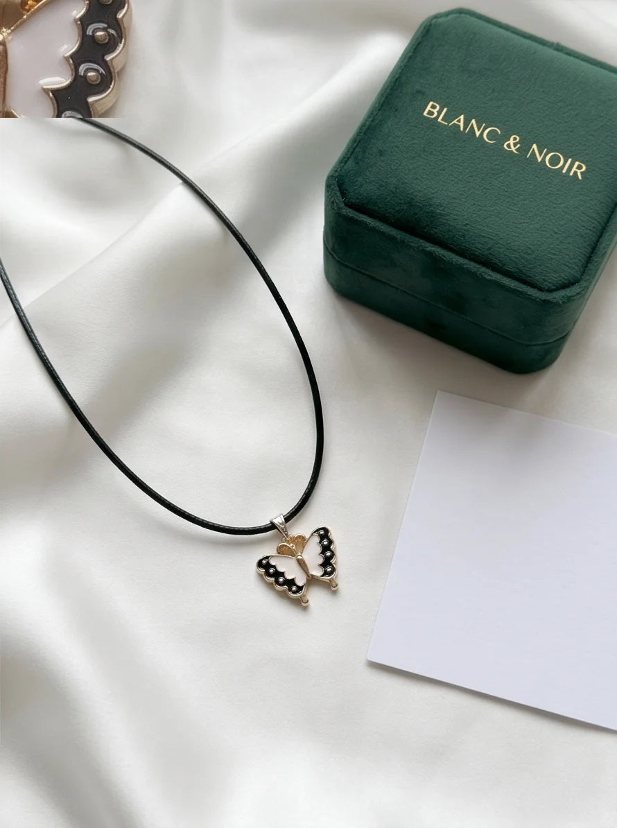 Black & White Enamel Butterfly Pendant Necklace