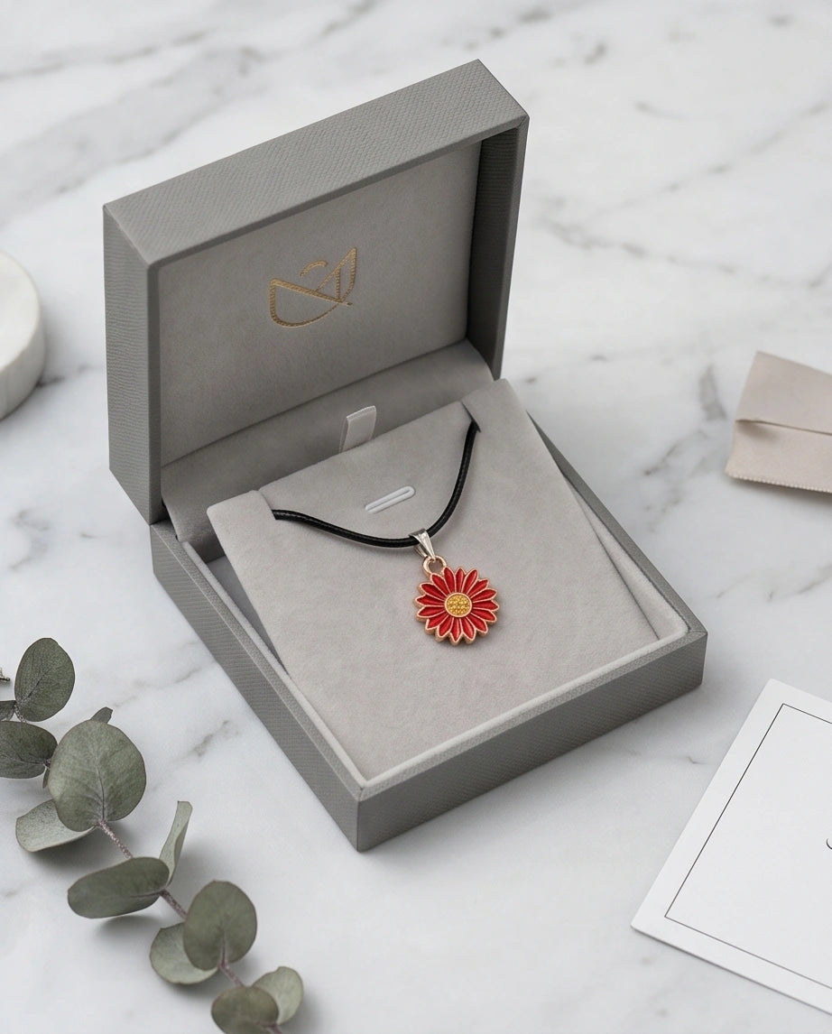 Gold and Red Sunflower Pendant Necklace