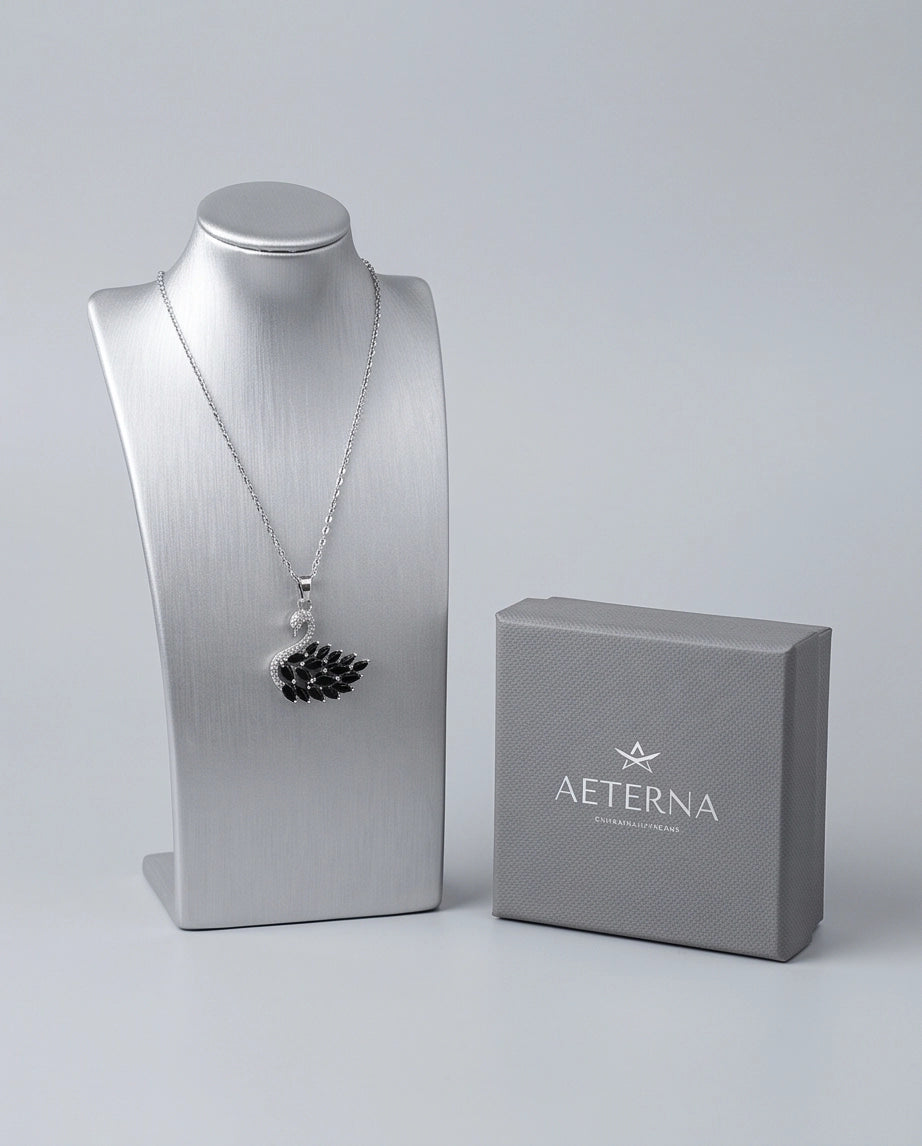 Silver Black Crystal Swan Necklace