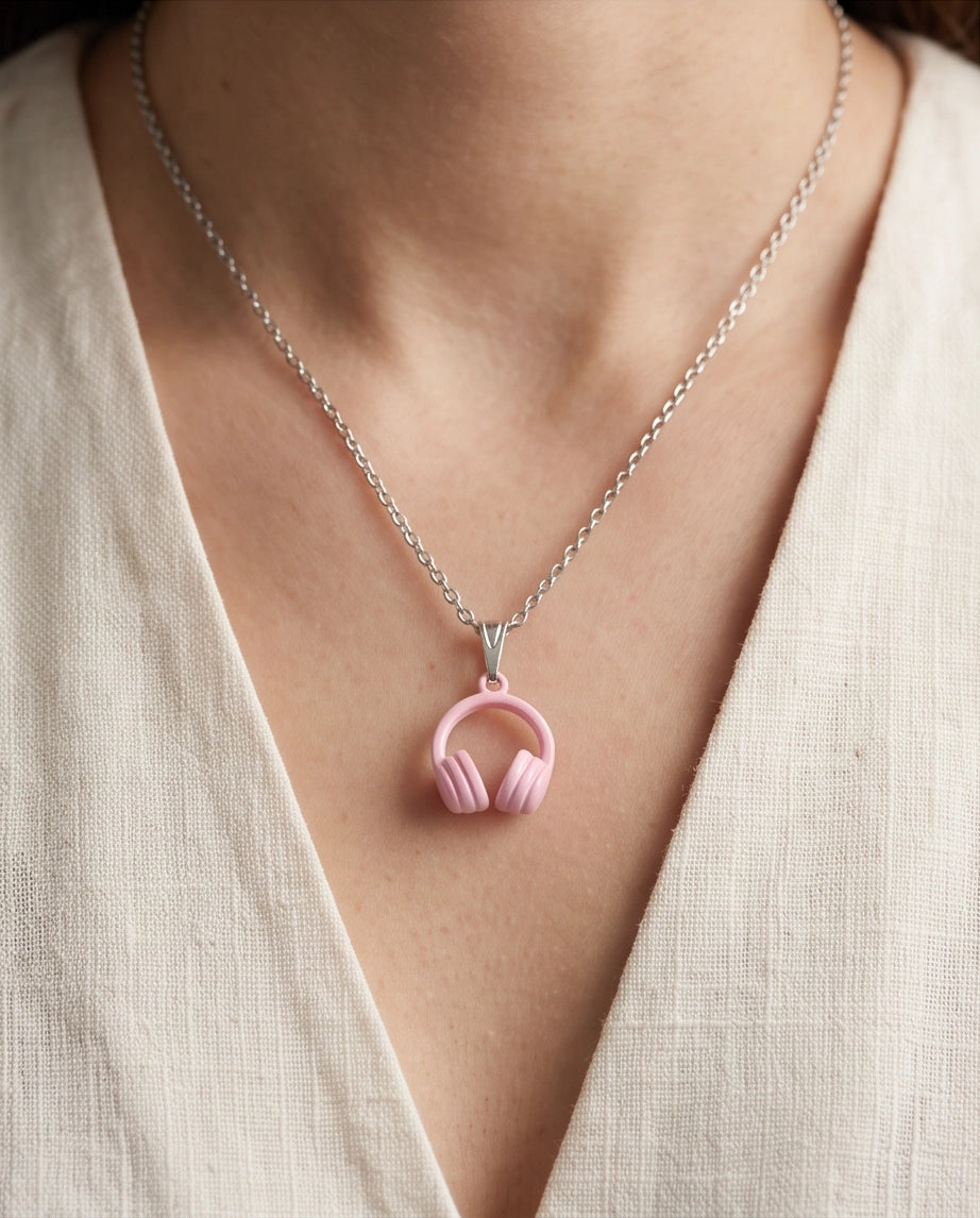 Pastel Pink Headphones Enamel Pendant Necklace