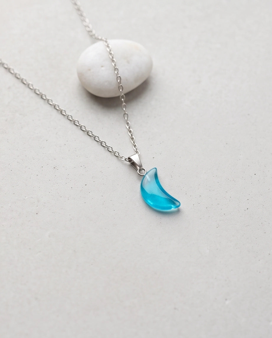 Silver Cyan Crescent Moon Resin Pendant Necklace