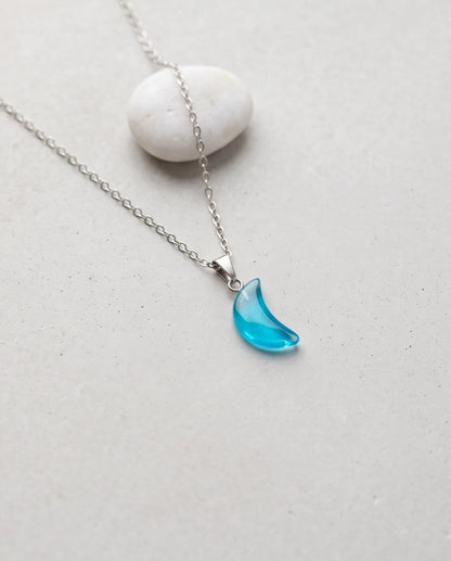 Silver Cyan Crescent Moon Resin Pendant Necklace