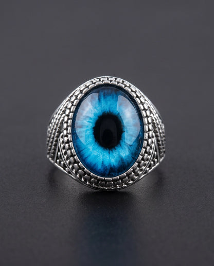 Azure Scale Beaded Slit-Pupil Silver Ring