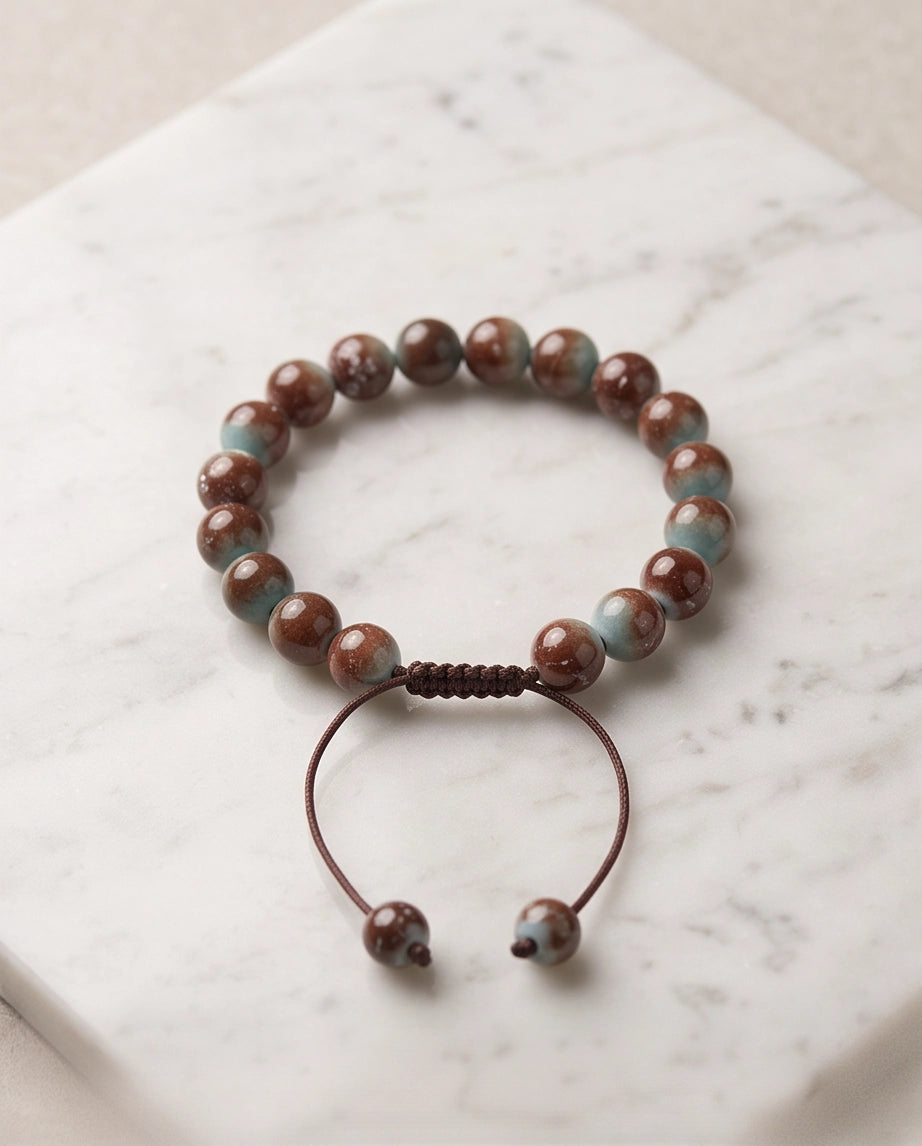 Earthy Rust & Teal Two-Tone Stone Beaded Adjustable Macrame Bracelet