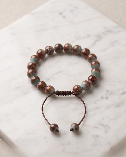 Earthy Rust & Teal Two-Tone Stone Beaded Adjustable Macrame Bracelet
