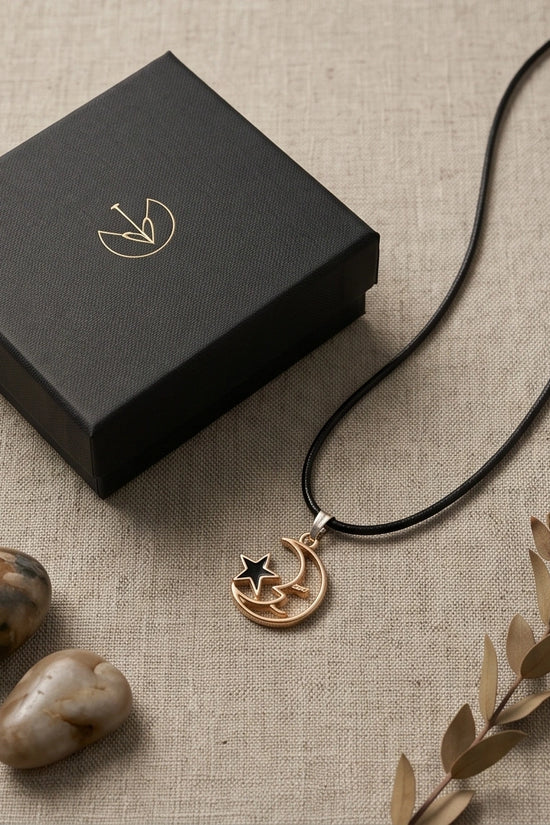Gold Crescent Moon and Black Star Necklace