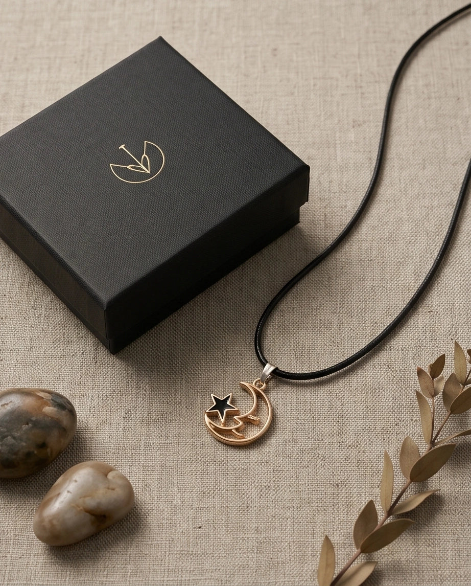 Gold Crescent Moon and Black Star Necklace