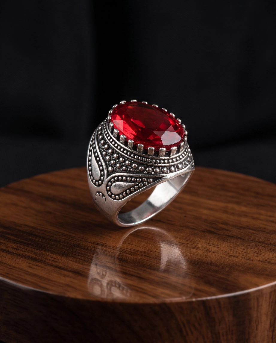 Ruby Gemstone Crown Prong Bezel Teardrop Filigree Silver Ring