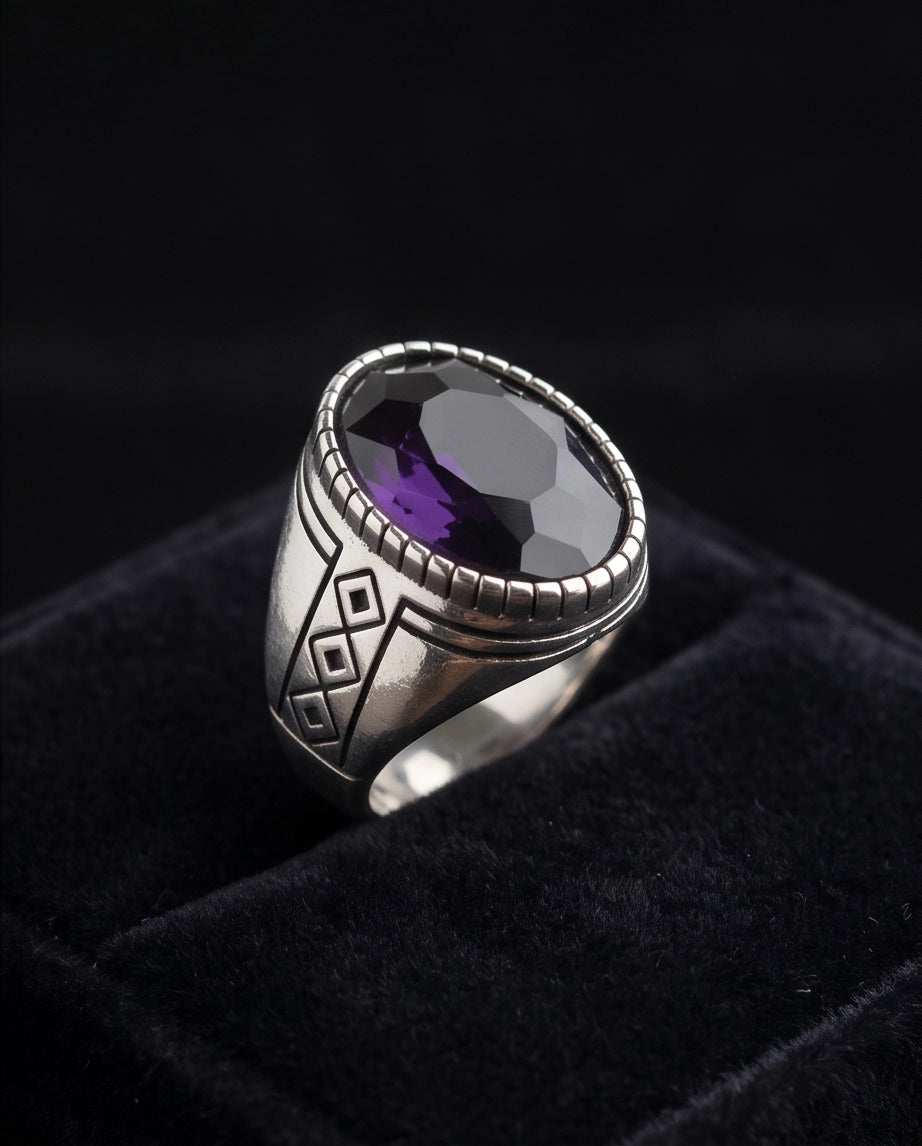 Amethyst Gemstone Notched Bezel Geometric Diamond Silver Ring