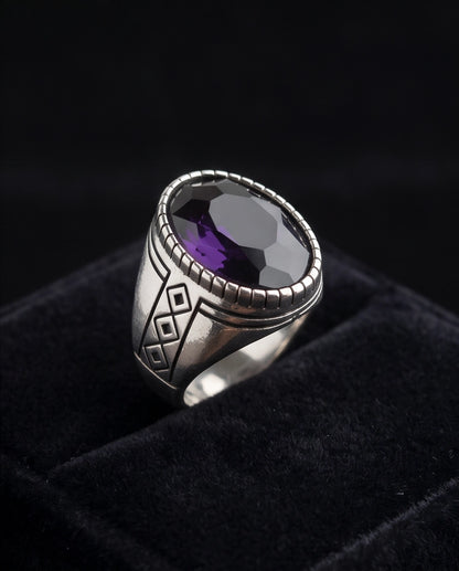 Amethyst Gemstone Notched Bezel Geometric Diamond Silver Ring