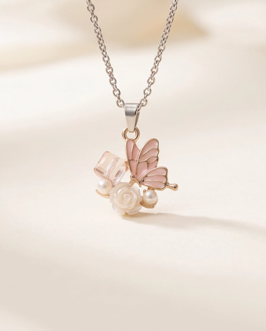 Gold Pink Enamel Butterfly & Pearl Rose Cluster Pendant Necklace