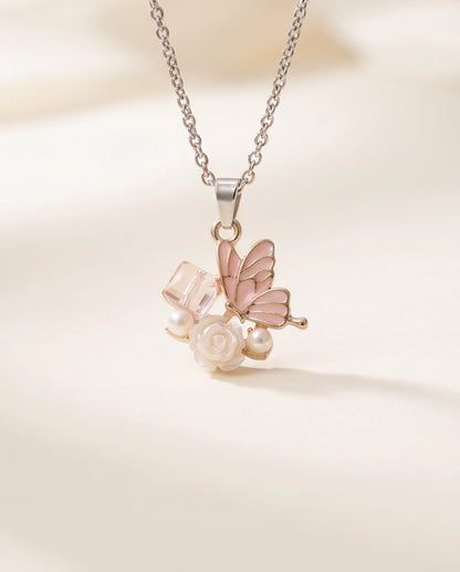 Gold Pink Enamel Butterfly & Pearl Rose Cluster Pendant Necklace