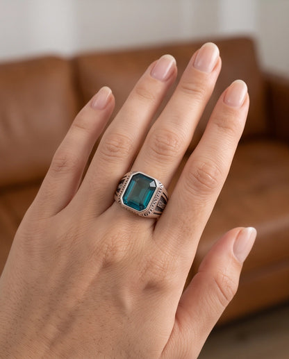 Aquamarine Emerald-Cut Gemstone Engraved Geometric Silver Ring