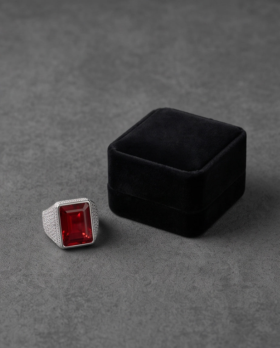 Ruby Red Emerald-Cut Gemstone Stippled Halo Silver Ring