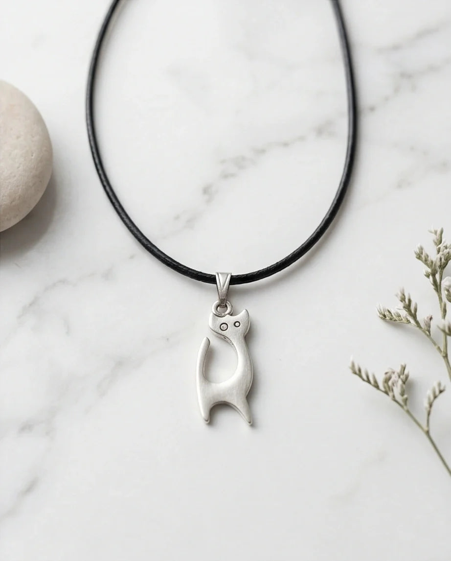The Mystic Silhouette: Minimalist Matte Silver Cat Pendant Necklace