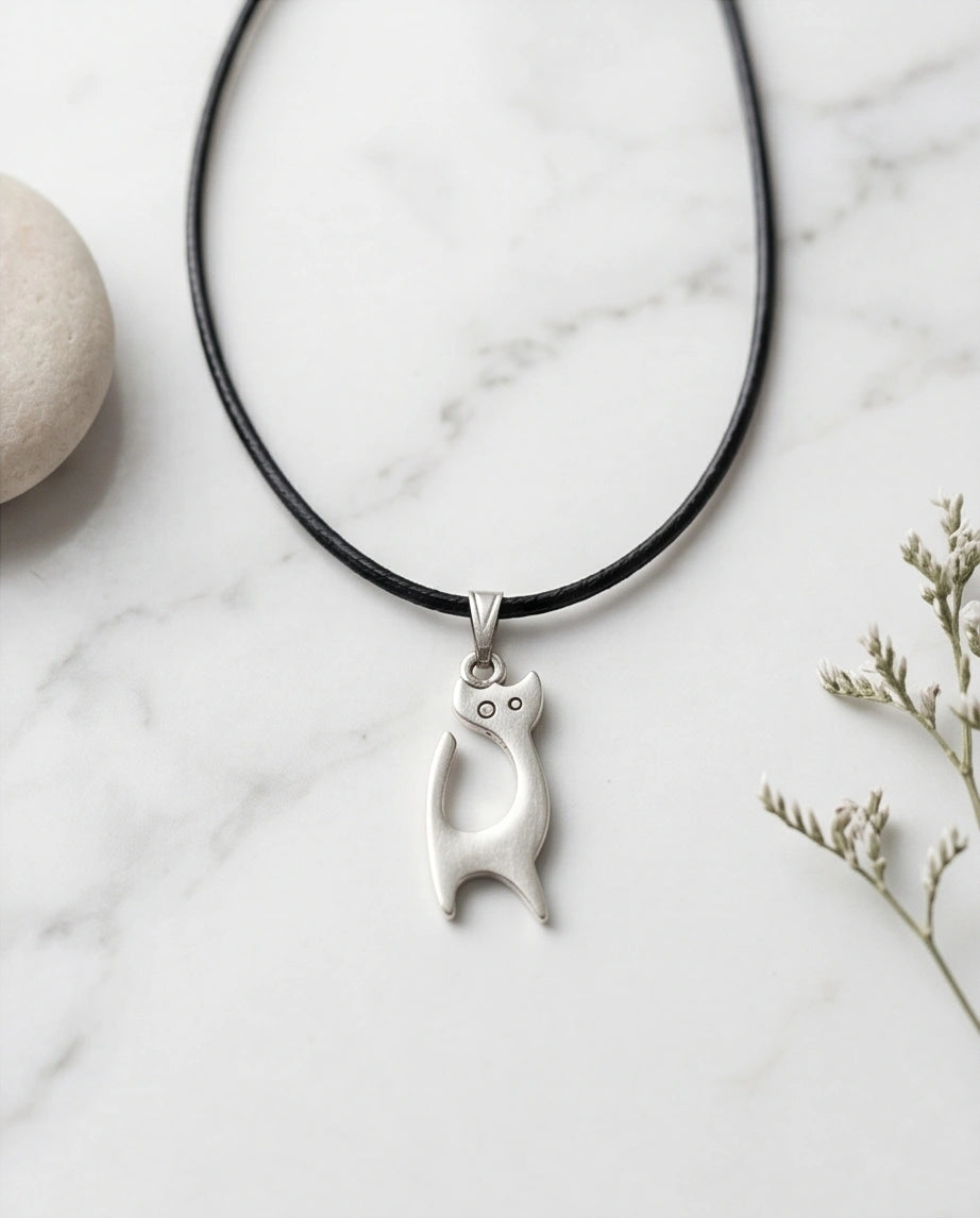 The Mystic Silhouette: Minimalist Matte Silver Cat Pendant Necklace