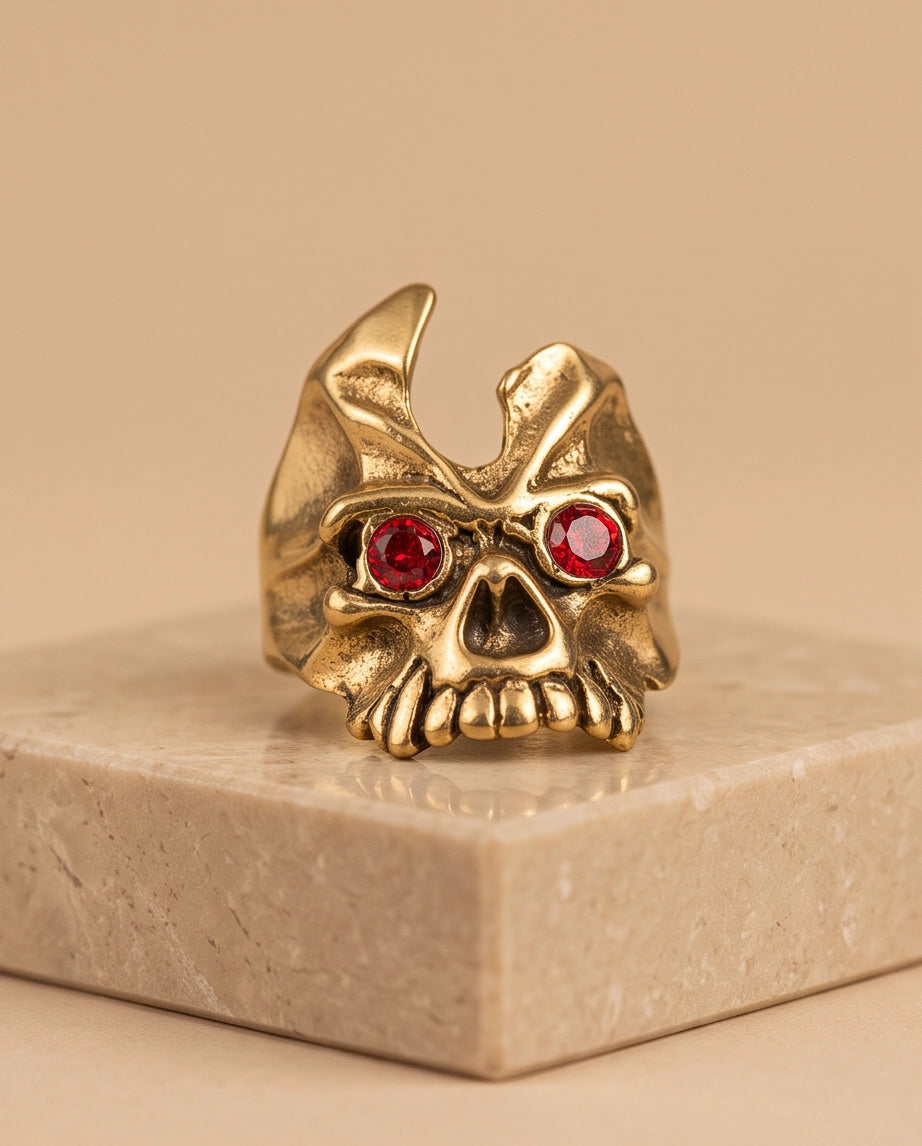 Ruby-Eyed Gothic Horned Skull Gold Ring