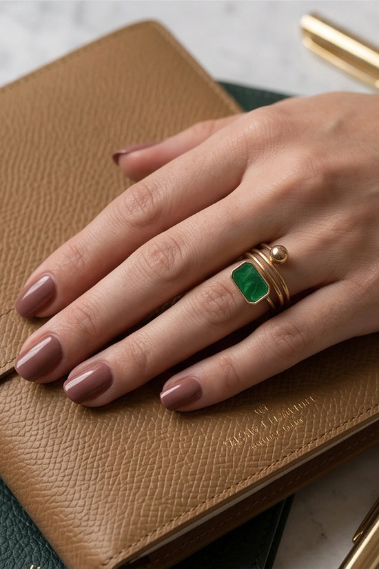 Golden Malachite Orbital Statement Ring
