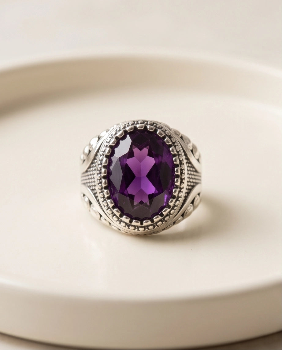 Amethyst Gemstone Beaded Bezel Filigree Silver Ring