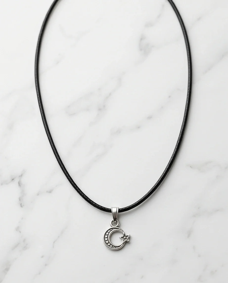 Silver Celestial Crescent Moon and Star Necklace