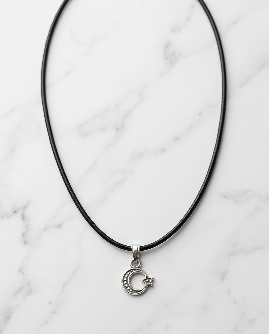 Silver Celestial Crescent Moon and Star Necklace