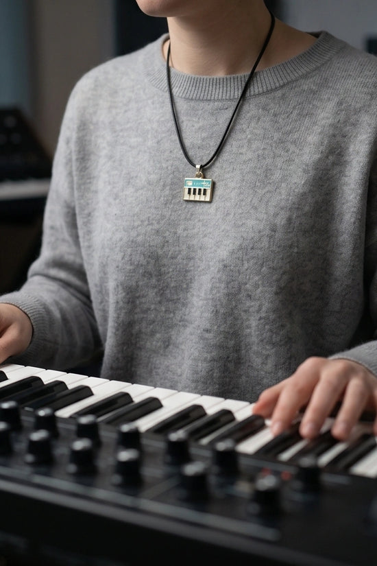 Gold and Light Blue Synthesizer Keyboard Necklace