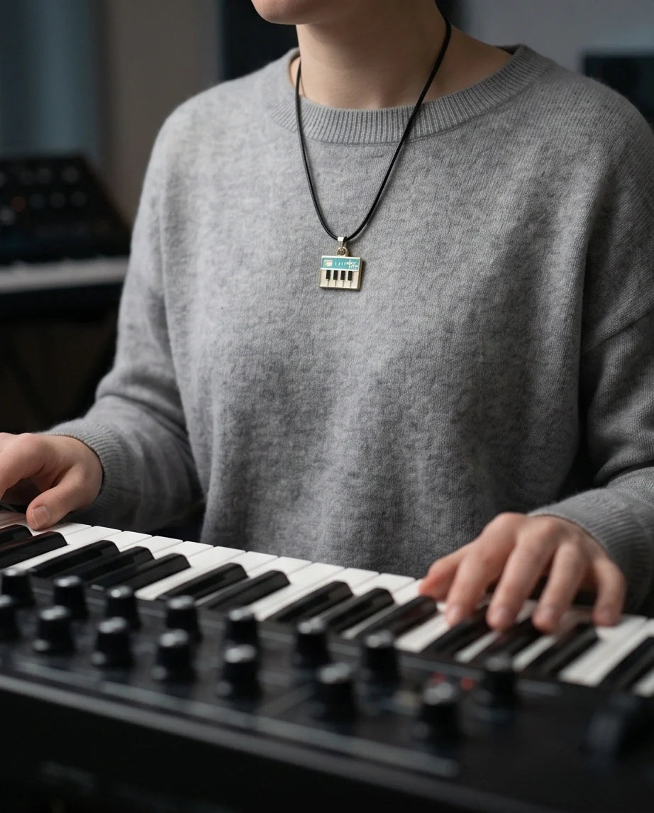 Gold and Light Blue Synthesizer Keyboard Necklace